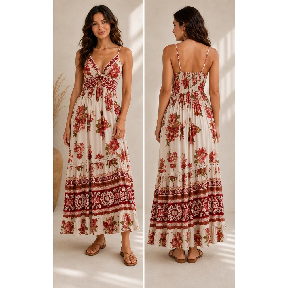 Angie Floral Boho Maxi Dress Cream Red Pink Size M V-Neck Smocked Back Rayon